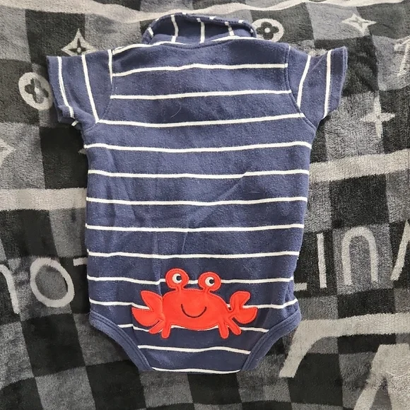 Navy Blue Striped Baby Onesie with Crab Design - Picture 2 of 2